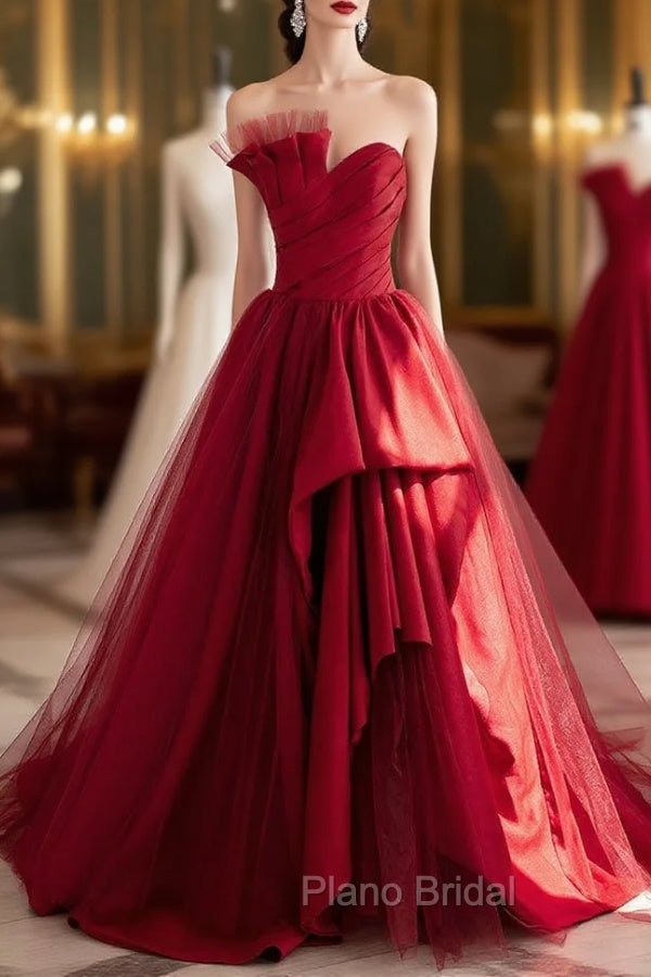 Burgundy Satin Tulle Strapless Pleats Formal Prom Dresses Main image