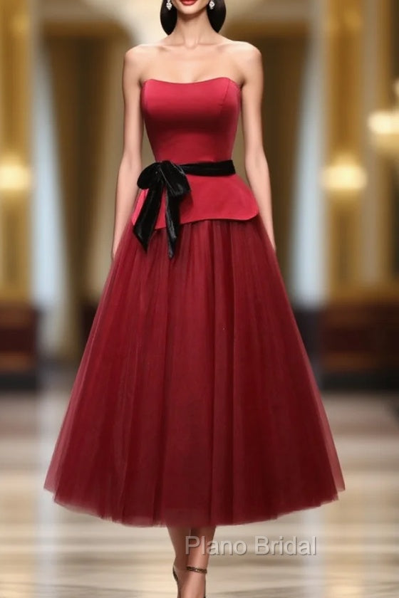 Burgundy Satin Tulle Strapless Formal Prom Dresses Main image