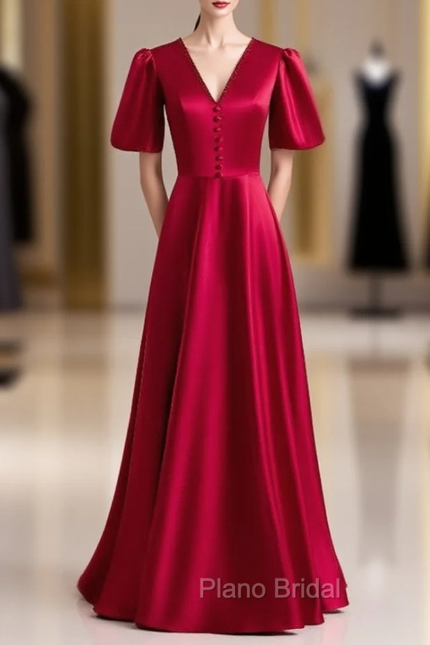 Burgundy Satin V-neck Backless Short Sleeve Formal Prom Dresses Main image