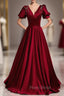 Burgundy Satin V-neck Beading Puff Sleeve Formal Prom Dresses