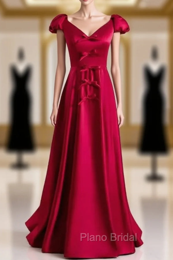 Burgundy Satin V-neck Cap Sleeve Bow Formal Prom Dresses Main image