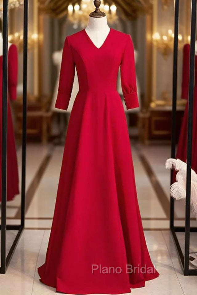 Burgundy Satin V-neck Half Sleeve Long Formal Prom Dresses