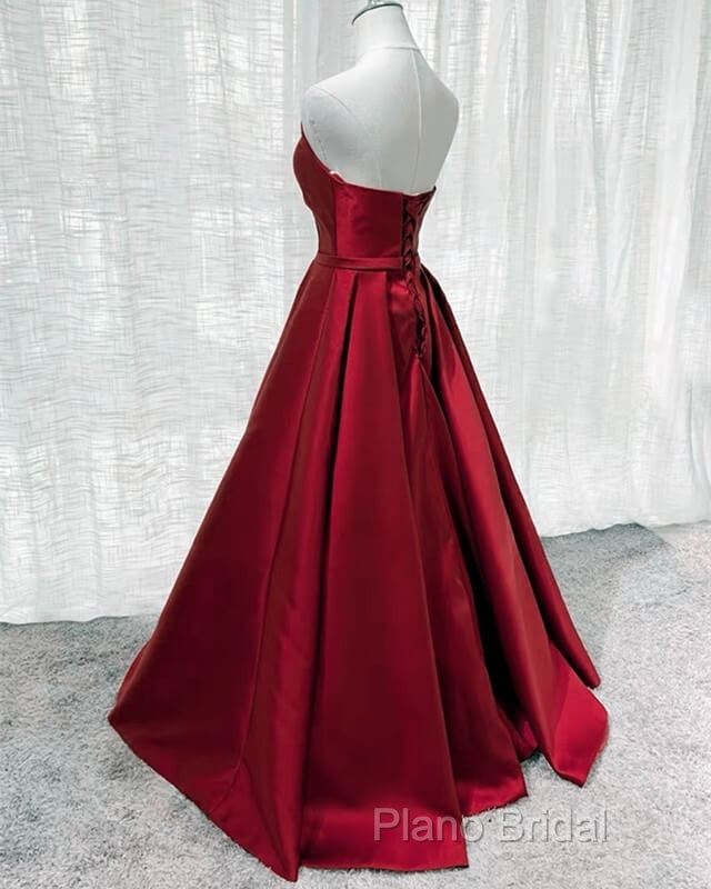 Burgundy Satin V Neck Long Dresses Secondary image