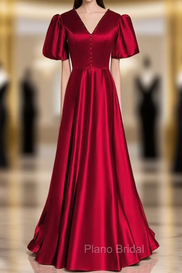 Burgundy Satin V-neck Puff Sleeve Backless Formal Prom Dresses Main image