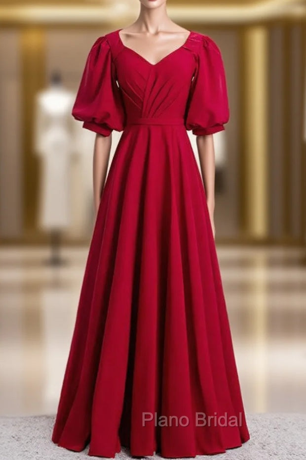 Burgundy Satin V-neck Puff Sleeve Pleats Formal Prom Dresses