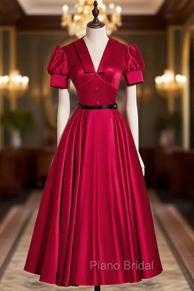 Burgundy Satin V-neck Puff Sleeve Formal Prom Dresses