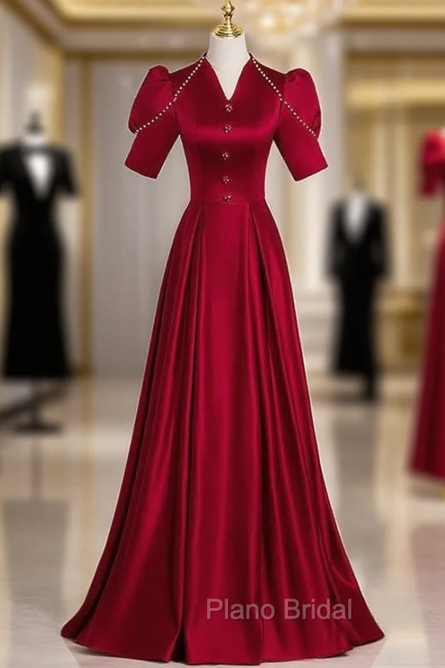 Burgundy Satin V-neck Short Sleeve Pearls Formal Prom Dresses