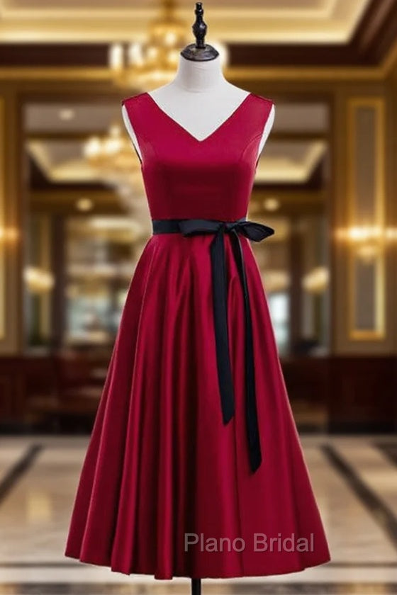 Burgundy Satin V-neck Tea Length Formal Prom Dresses With Sash Main image