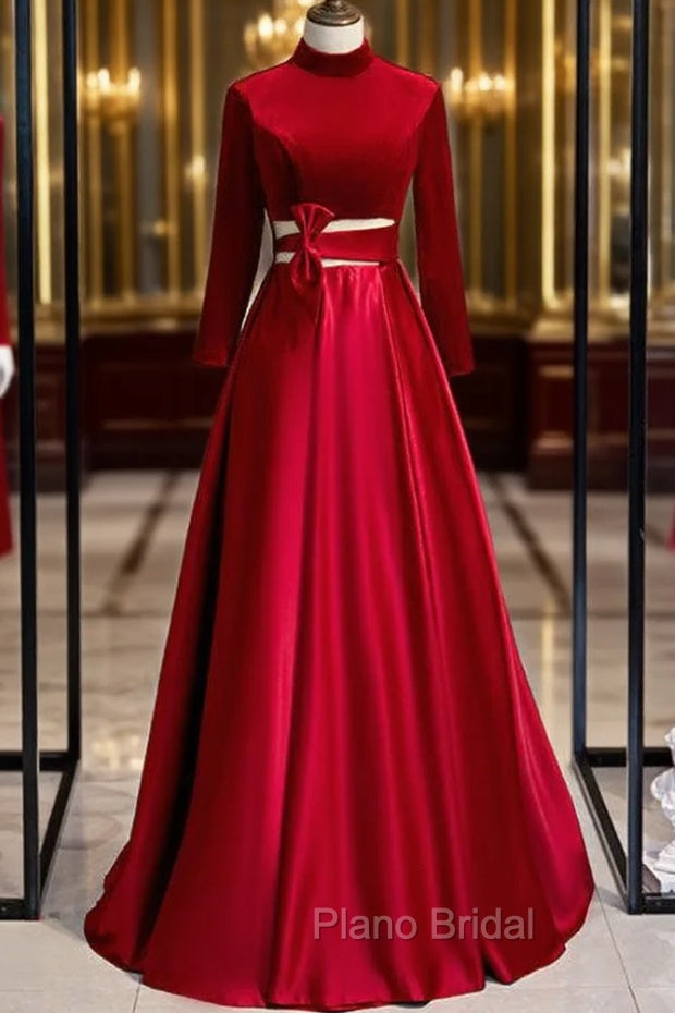 Burgundy Satin Velvet Long Sleeve Cut Out Formal Prom Dresses Main image