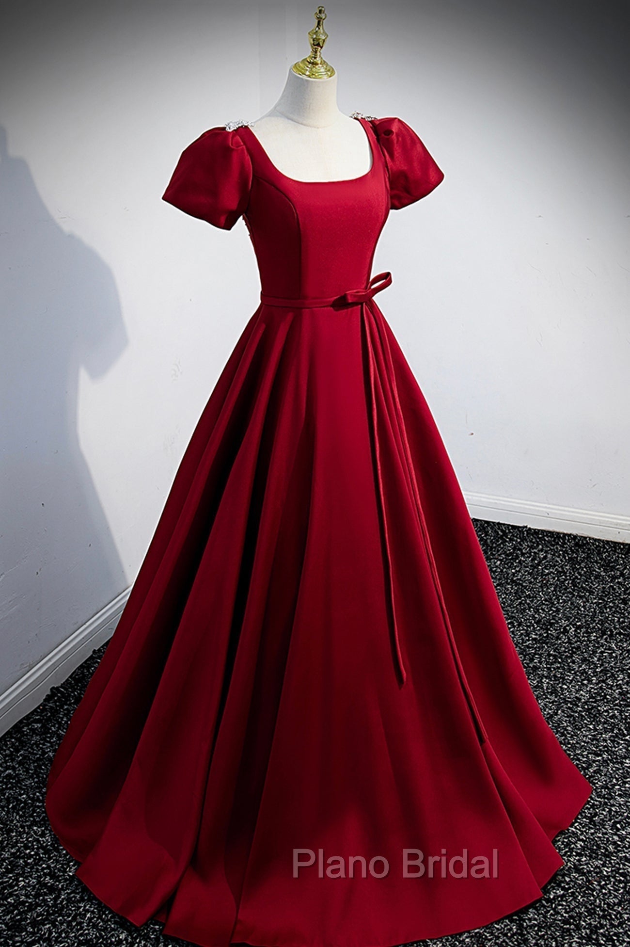 Burgundy Scoop Neckline Satin Long Formal Prom Dresses, Short Sleeve Evening Dresses