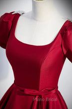 Burgundy Scoop Neckline Satin Long Formal Prom Dresses, Short Sleeve Evening Dresses