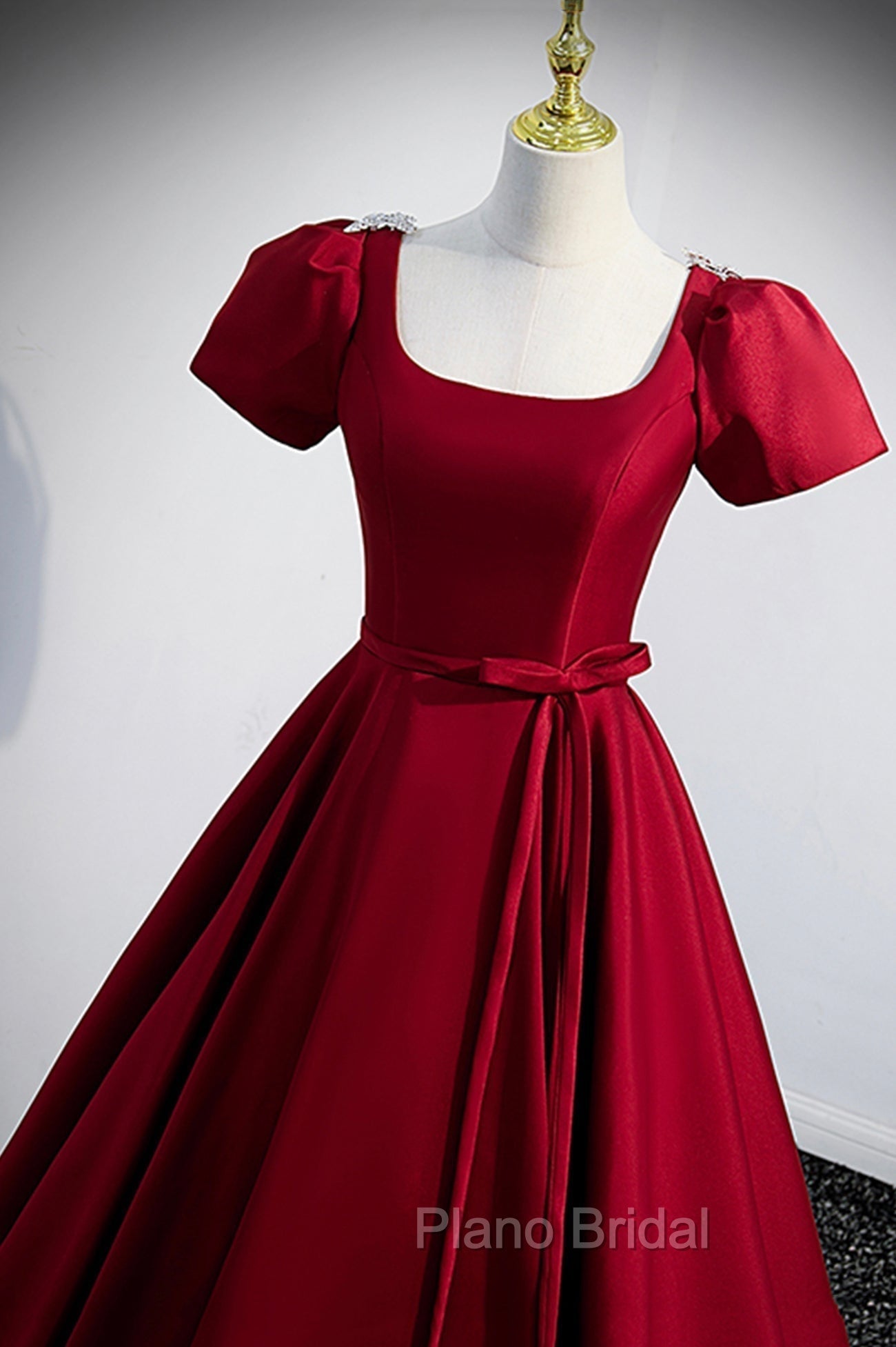 Burgundy Scoop Neckline Satin Long Formal Prom Dresses, Short Sleeve Evening Dresses