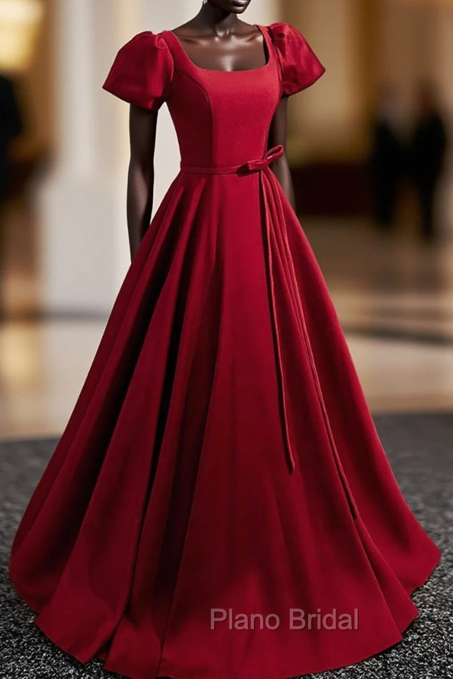 Burgundy Scoop Neckline Satin Long Formal Prom Dresses, Short Sleeve Evening Dresses