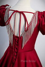 Burgundy Scoop Neckline Satin Long Formal Prom Dresses, Short Sleeve Evening Dresses