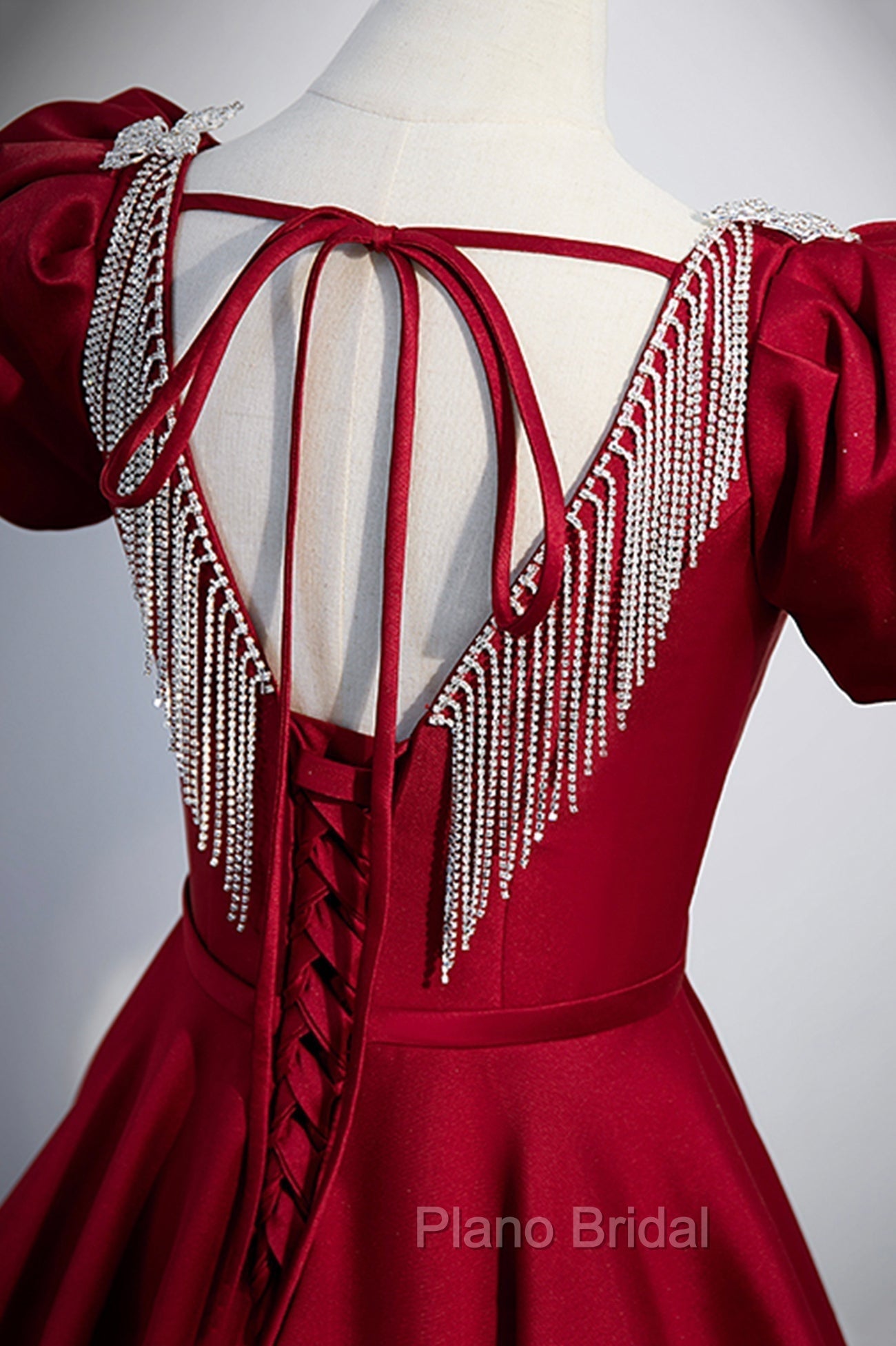 Burgundy Scoop Neckline Satin Long Formal Prom Dresses, Short Sleeve Evening Dresses