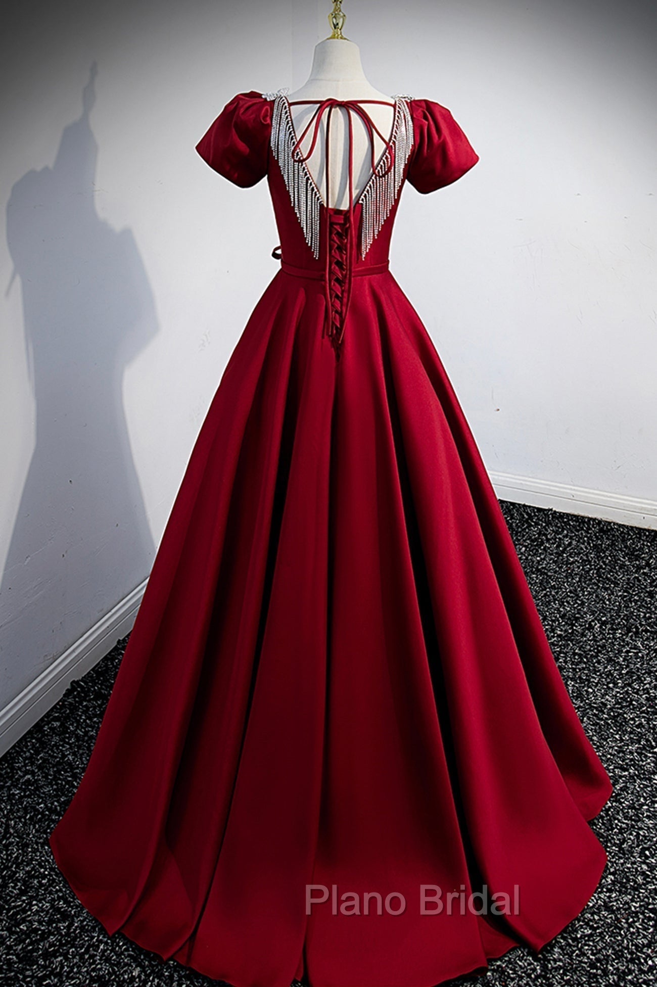Burgundy Scoop Neckline Satin Long Formal Prom Dresses, Short Sleeve Evening Dresses Main image