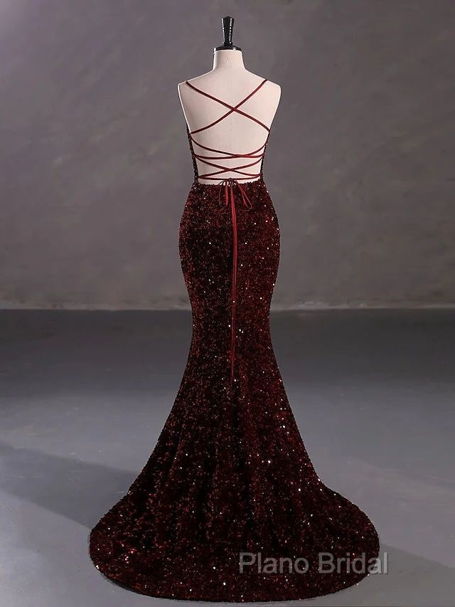 Burgundy Sequin Mermaid Backless Formal Prom Dresses Long Formal Dresses