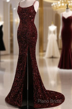 Burgundy Sequin Mermaid Backless Formal Prom Dresses Long Formal Dresses