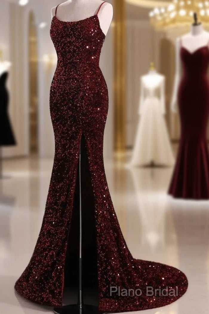 Burgundy Sequin Mermaid Backless Formal Prom Dresses Long Formal Dresses