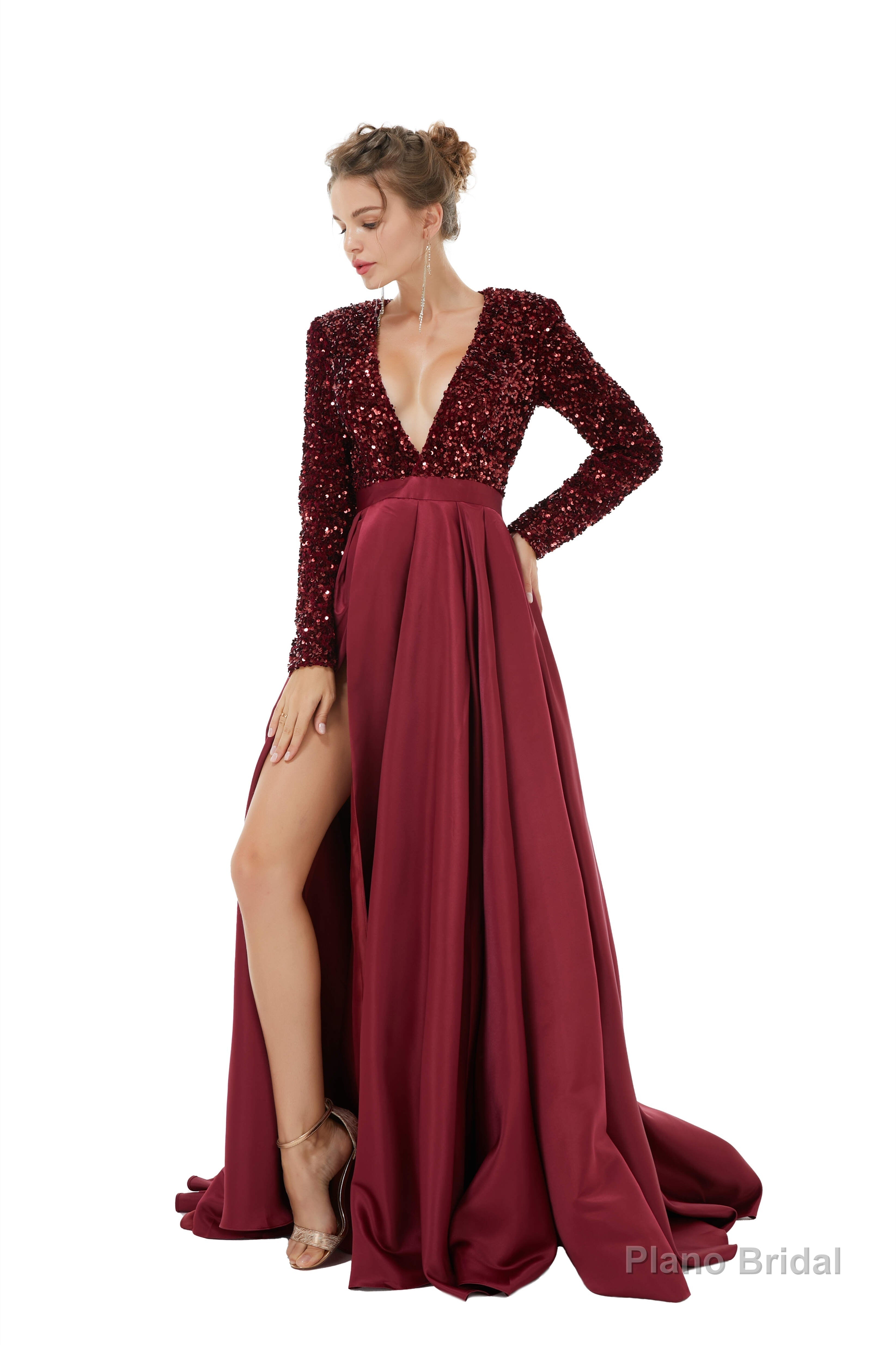 Sequined Satin A Line Front Slit V Neck Full Sleeve Sweep Train Long Prom Dresses Main image