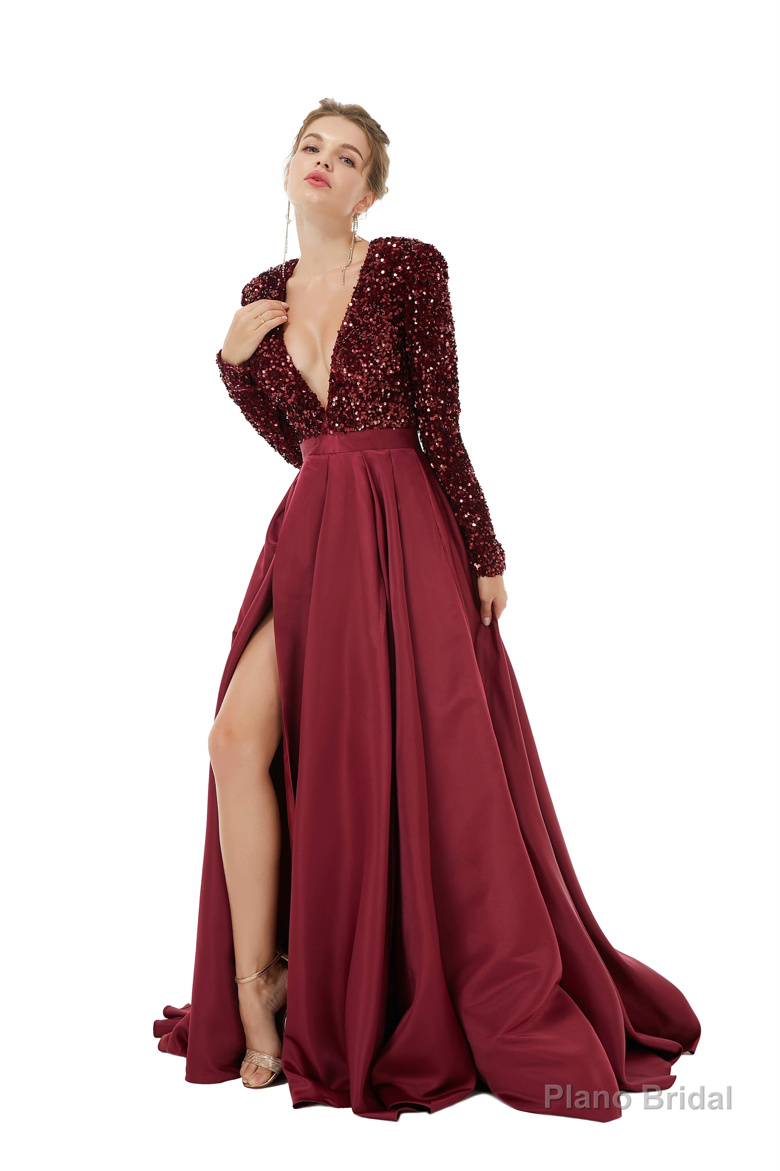 Sequined Satin A Line Front Slit V Neck Full Sleeve Sweep Train Long Prom Dresses Secondary image