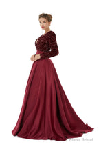 Sequined Satin A Line Front Slit V Neck Full Sleeve Sweep Train Long Prom Dresses