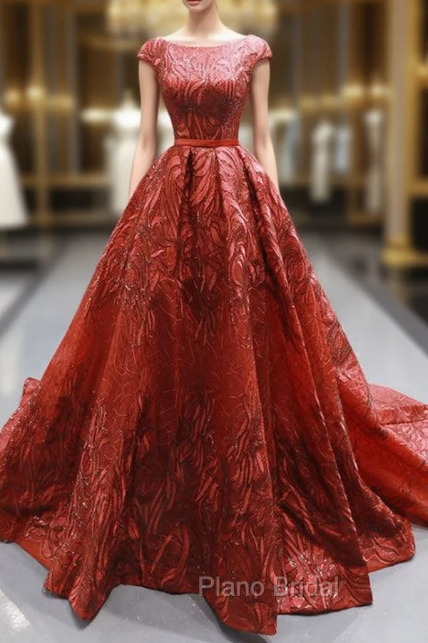 Burgundy Sequins Ball Gown Cap Sleeve Backless Formal Prom Dresses Main image