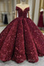 Burgundy Sequins Ball Gown Cap Sleeve Formal Prom Dresses