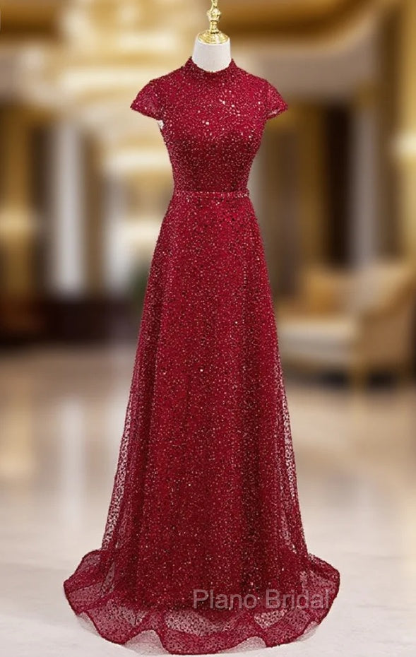 Burgundy Sequins High Cap Sleeve Formal Prom Dresses
