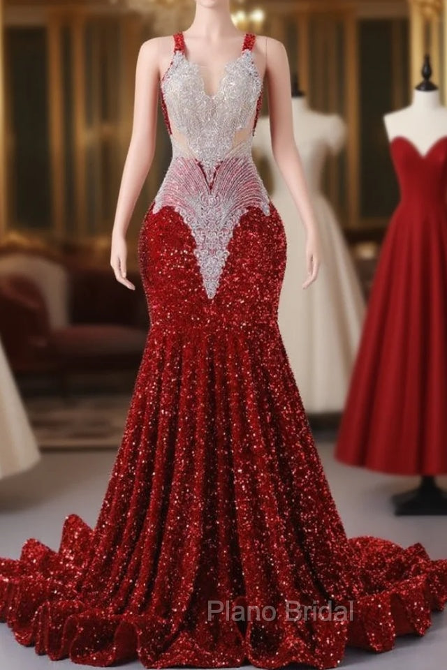 Burgundy Sequins Mermaid Lace Formal Prom Dresses Main image
