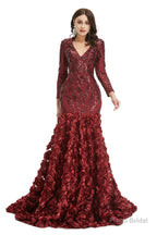 Sequins Mermaid Long V Neck Prom Dresses Full Sleeve