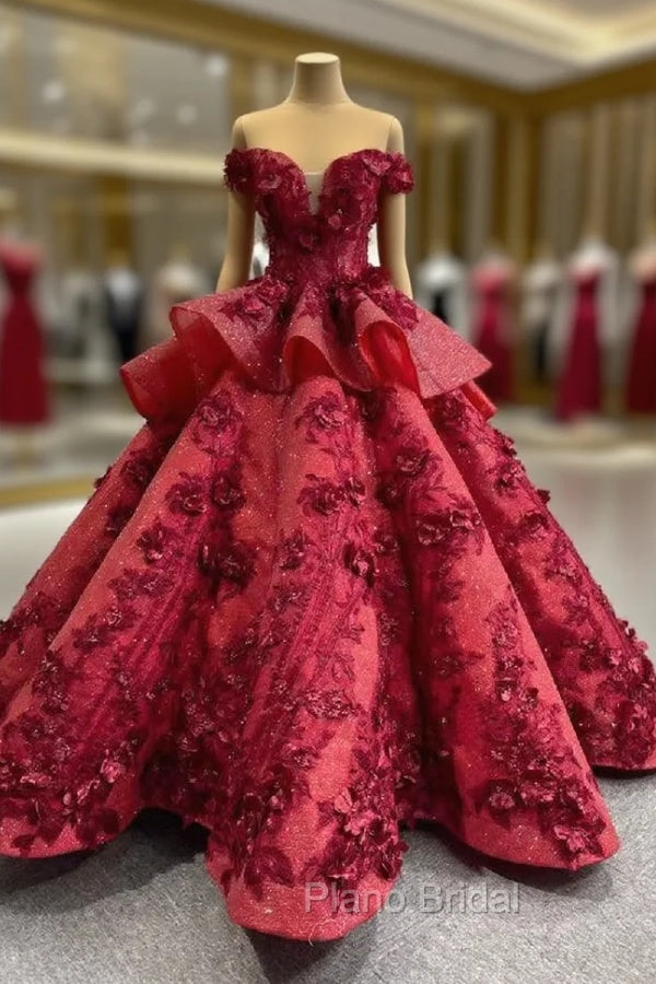 Burgundy Sequins Off the Shoulder 3D Flower Floor Length Formal Prom Dresses