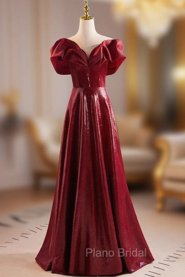 Burgundy Sequins Off the Shoulder Formal Prom Dresses Main image