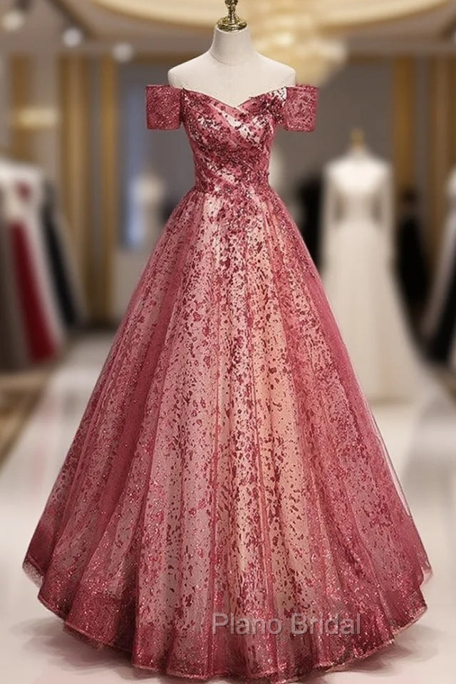Burgundy Sequins Off the Shoulder Formal Prom Dresses