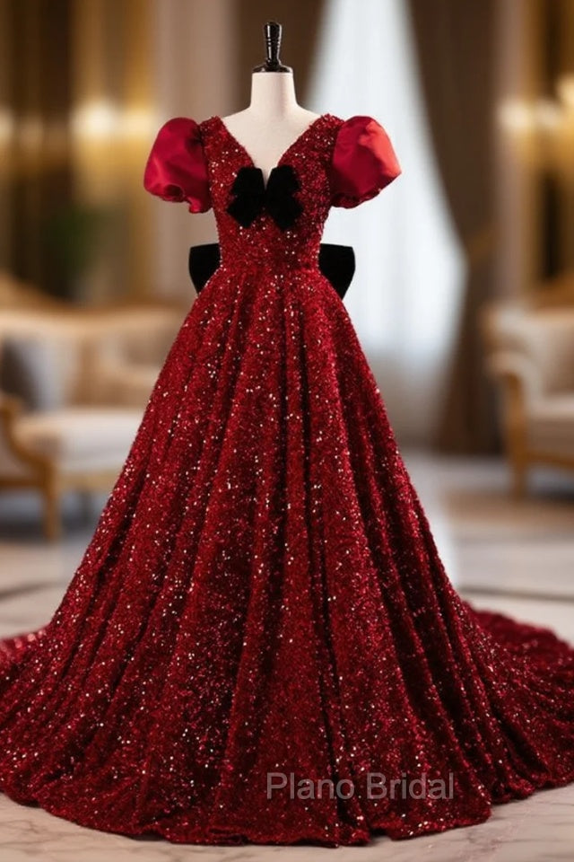 Burgundy Sequins Puff Sleeve Formal Prom Dresses