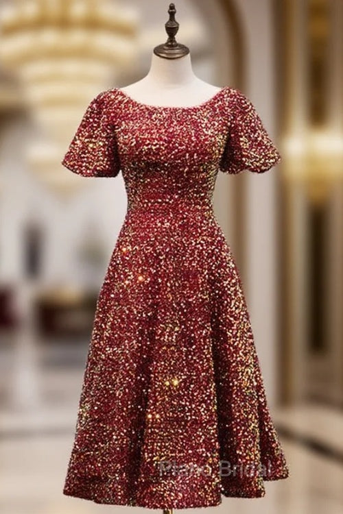 Burgundy Sequins Puff Sleeve Tea Length Formal Prom Dresses