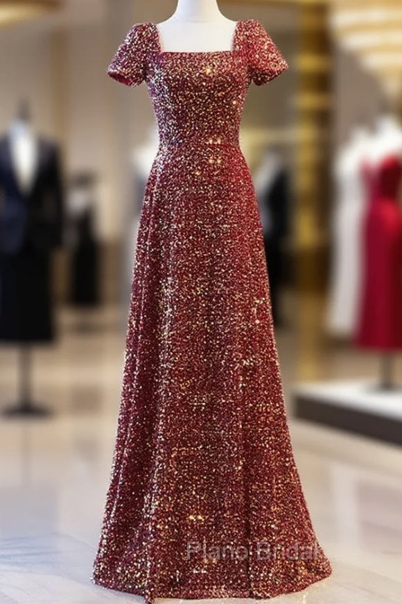 Burgundy Sequins Square Short Sleeve Formal Prom Dresses