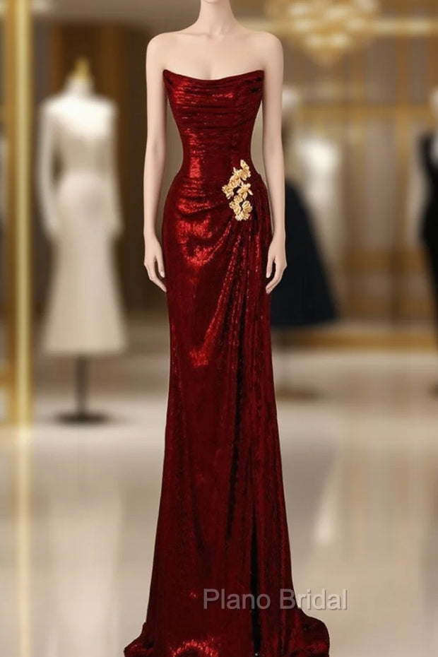 Burgundy Sequins Strapless Pleats Formal Prom Dresses Main image
