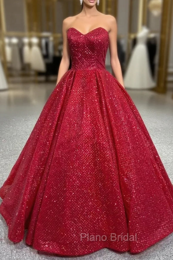 Burgundy Sequins Strapless Formal Prom Dresses Main image
