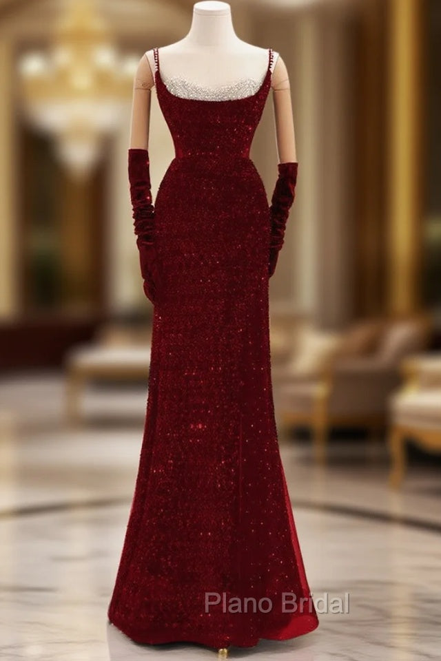 Burgundy Sequins Straps Beading Formal Prom Dresses