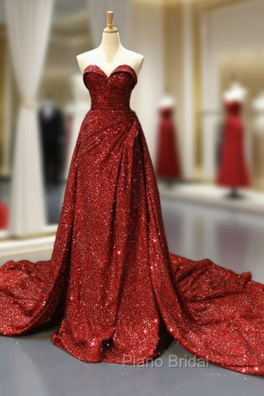 Burgundy Sequins Sweetheart Pleats Formal Prom Dresses With Long Train