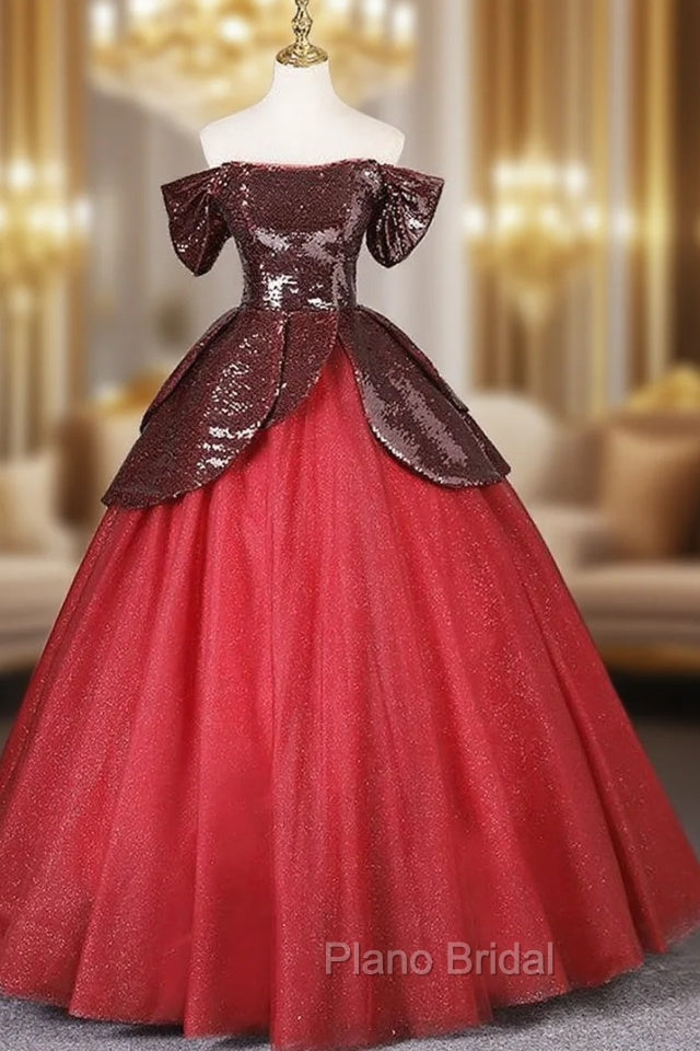 Burgundy Sequins Tulle Off the Shoulder Quinceanera Dresses Main image