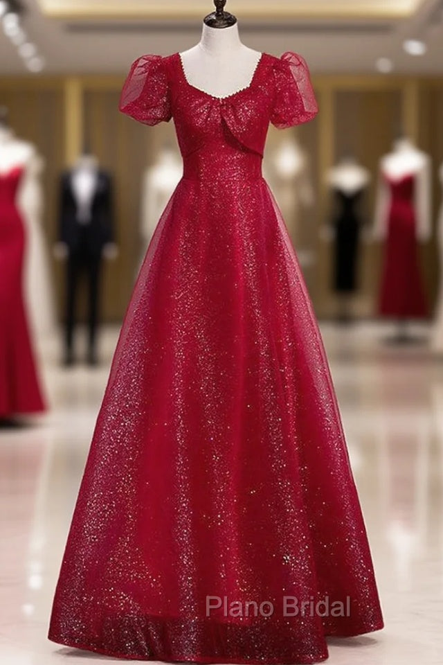 Burgundy Sequins Tulle Square Short Sleeve Formal Prom Dresses Main image