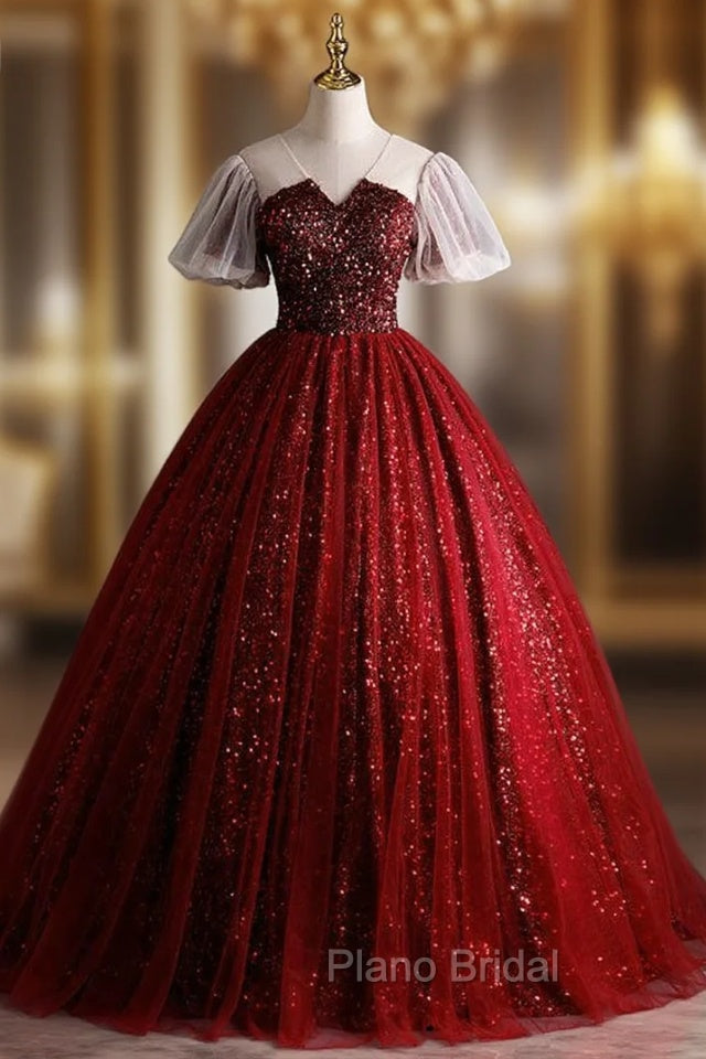 Burgundy Sequins V-neck Puff Sleeve Quinceanera Dresses Main image