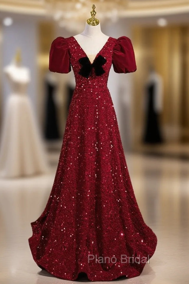 Burgundy Sequins V-neck Short Sleeve Formal Prom Dresses