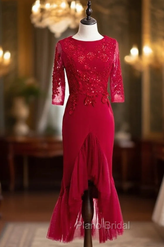 Burgundy Sheath Satin Tulle Appliques Short Sleeve Short Formal Prom Dresses