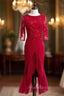 Burgundy Sheath Satin Tulle Appliques Short Sleeve Short Formal Prom Dresses