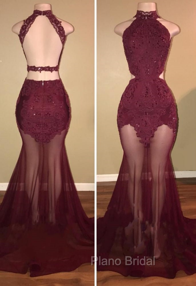Burgundy Sheer-Tulle Lace-Appliques High-Neck Mermaid Formal Prom Dresses Secondary image