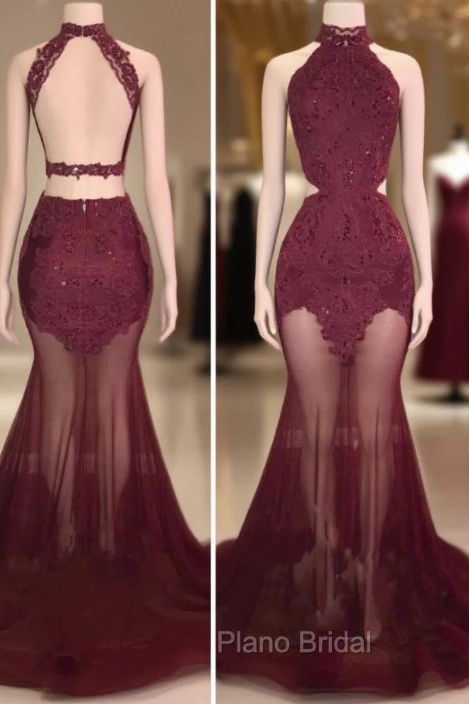 Burgundy Sheer-Tulle Lace-Appliques High-Neck Mermaid Formal Prom Dresses Main image