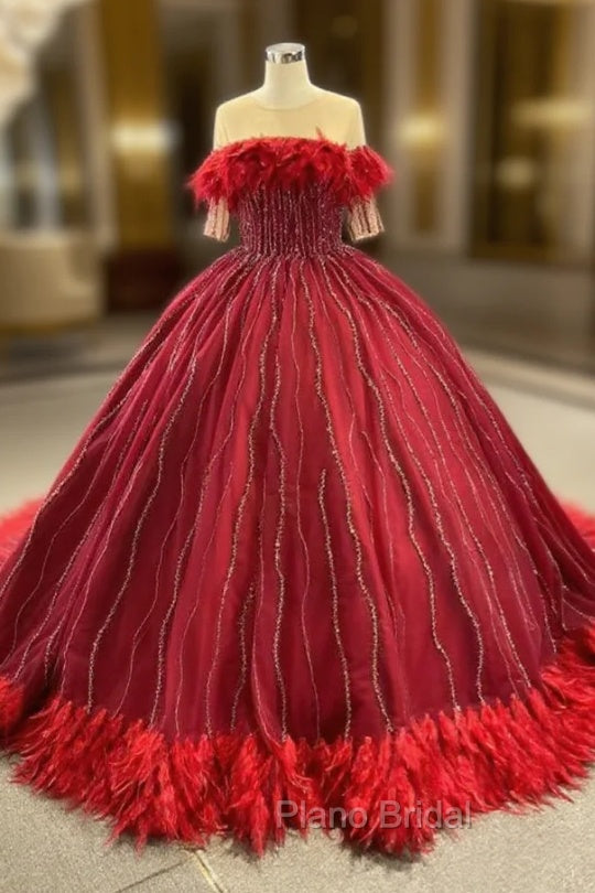 Burgundy Short Sleeve Beading Feather Formal Prom Dresses Main image